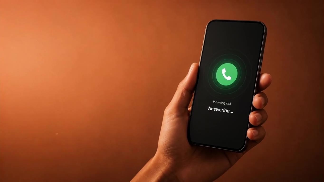 A hand holding a phone as the AI receptionist answers an incoming call